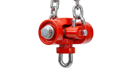 A close up of a red swivel hoist ring attached to a chain against a black background showing detail