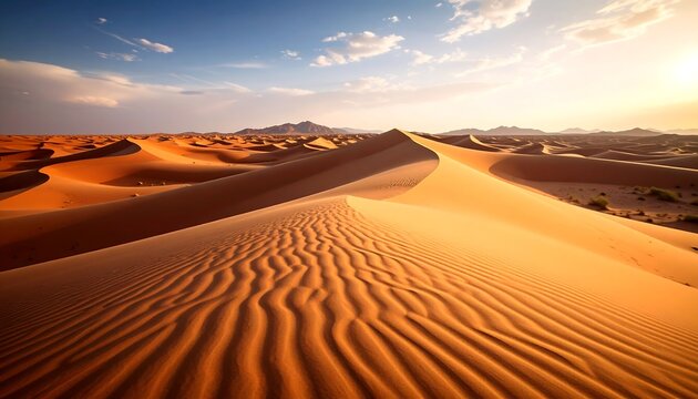 Golden desert dunes at sunset