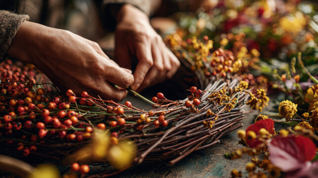 Hands carefully assembling an autumn door wreath with colorful leaves and berries.