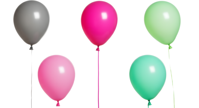 Colorful balloons in various shades float gracefully, creating a festive atmosphere against a plain background