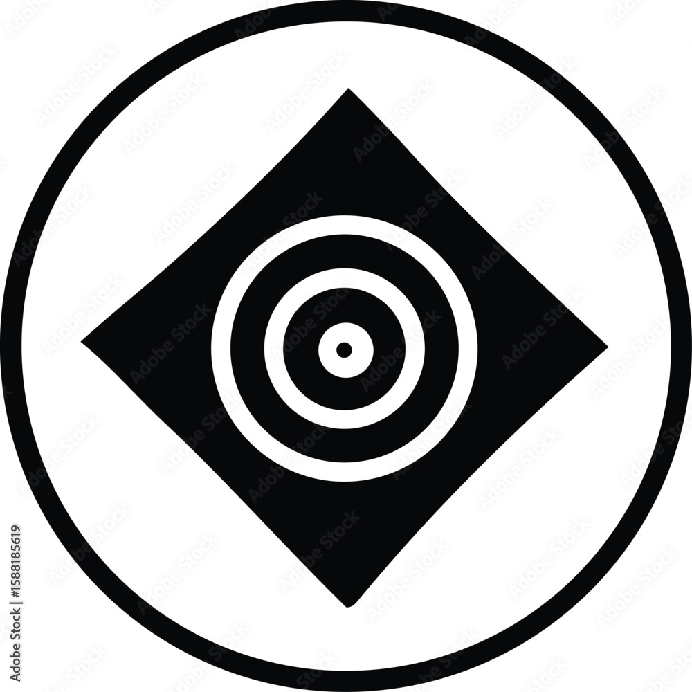 Poster a striking black and white circular emblem featuring a diamond shape with concentric circles at its 