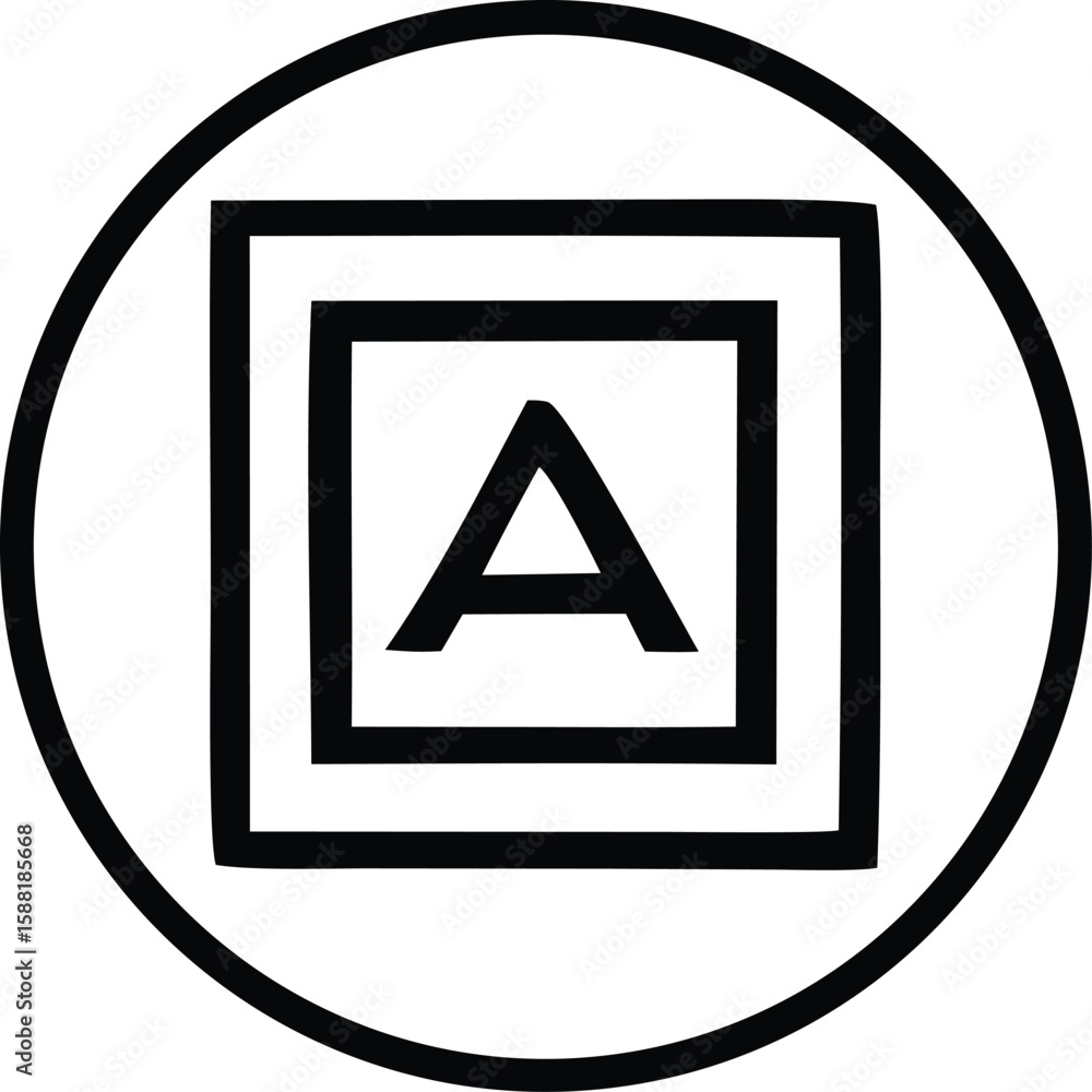 Fototapete bold black letter a enclosed within concentric squares inside a thick circular border on a white bac