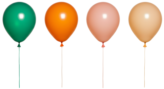 Four colorful balloons in vibrant green, orange, pink, and beige, floating against a simple background, ideal for festive occasions