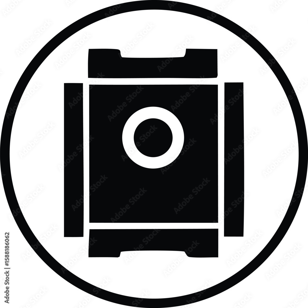 Aufkleber stylized black and white icon depicting a central circular element surrounded by geometric shapes wi