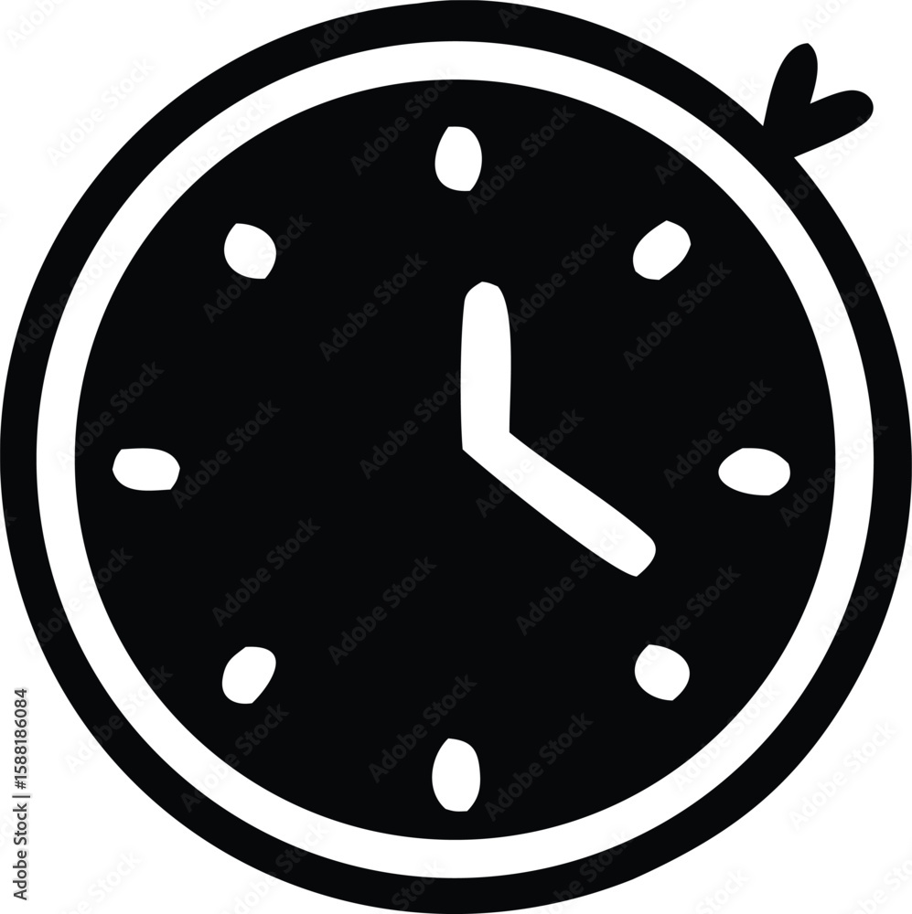 Poster simple black and white illustration of a clock face with two hands and twelve hour markers represent