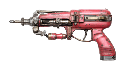 Isolated image of a worn pink and silver ray gun with visible mechanical details on black background