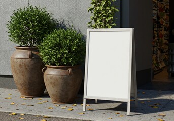 Blank a frame sign mockup with terracotta pots and greenery on concrete floor for outdoor advertising or promotion