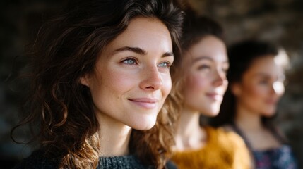 Fototapeta premium Three young women with curly brown hair look to the side with soft smiles