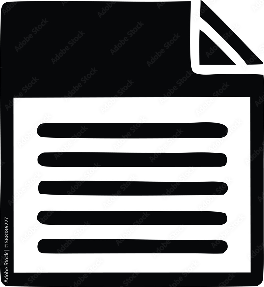 Poster a simple black and white icon representing a document with horizontal lines of text and a folded cor