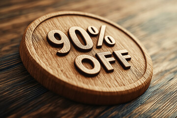 90% Off discount sign sits on wood. Perfect for marketing, sales promotion, or advertising.