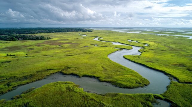Aerial view of a winding river through a lush marsh