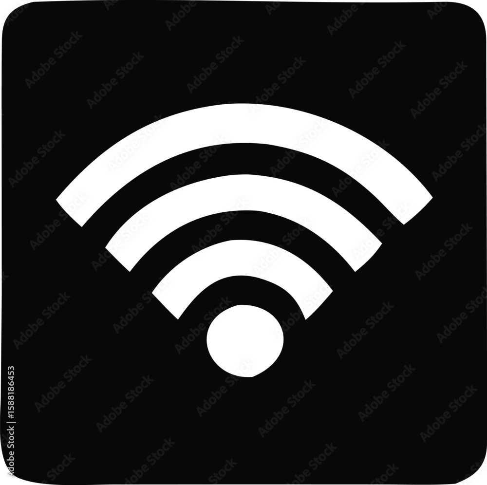 Poster a simple bold white wi fi signal icon with radiating waves is displayed against a stark black backgr