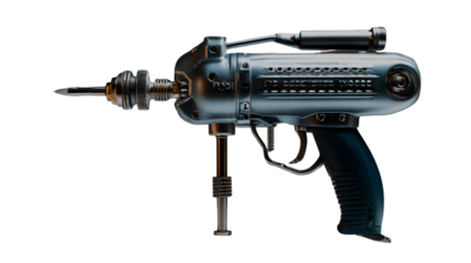 Close up shot of a futuristic looking ray gun with a metallic finish on a black isolated background