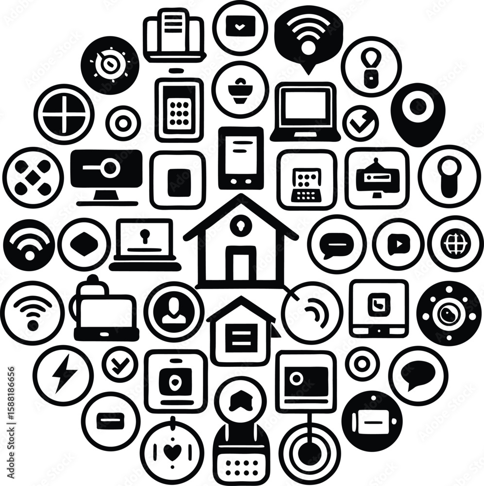 Poster a circular arrangement of black and white icons representing technology communication and home autom