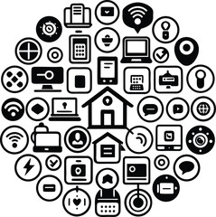 A circular arrangement of black and white icons representing technology communication and home automation concepts