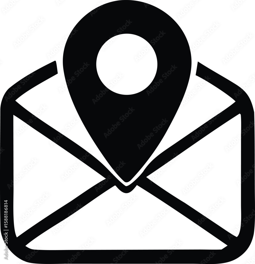 Aufkleber black silhouette of an open envelope with a location pin marker icon placed on top signifying corres