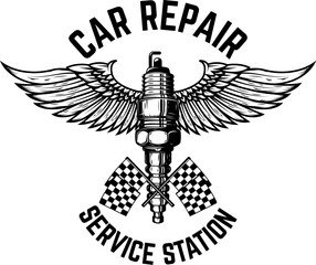 Winged motorcycle spark plug. Design elements for logo, label, sign, menu. Vector illustration
