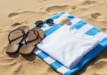 Beach accessories on sand summer holiday vacation apparel sunglasses flip flops towel