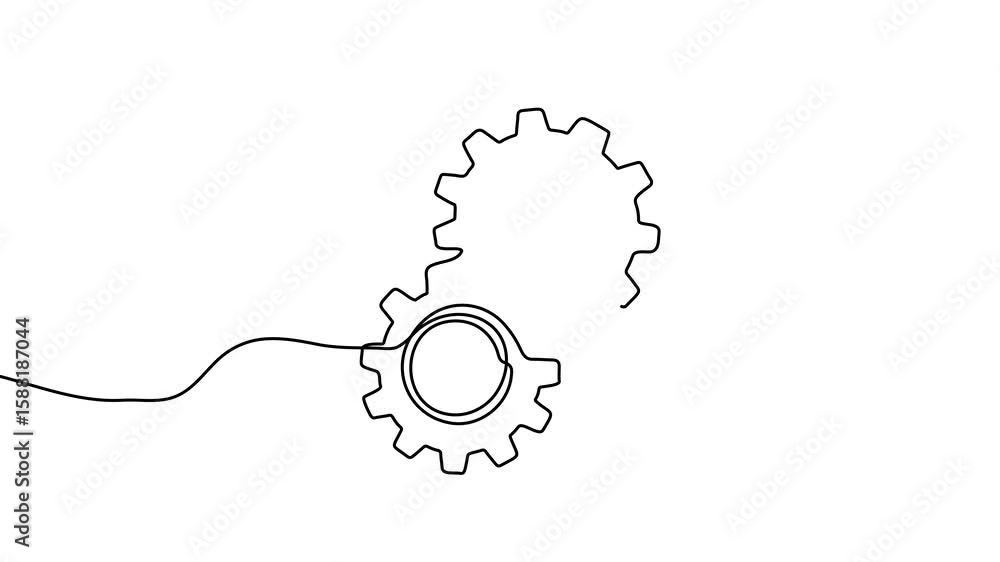 Poster animation of a single line drawing of two interlocking gears. continuous contour movement of two int