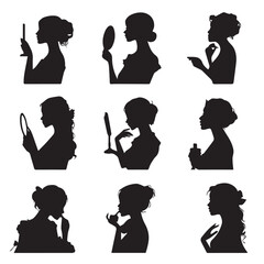 woman silhouette set looking in mirror, Black & White silhouette set