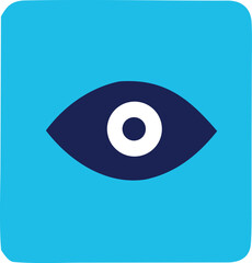 A minimalist dark blue eye icon with a white pupil is centered on a bright cyan background with rounded corners
