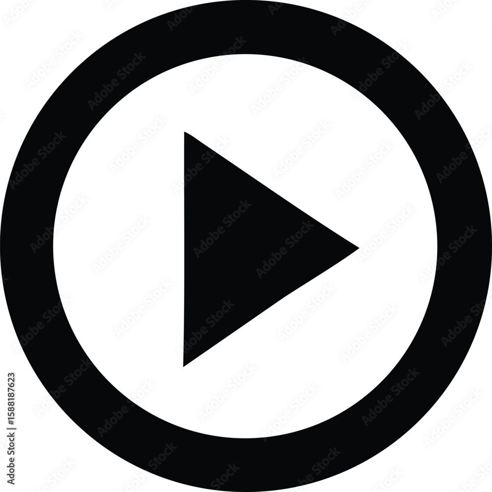 Poster a stark black play button icon is centered within a thick black circle on a clean white background r
