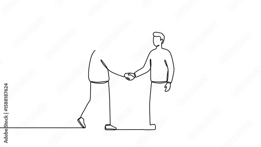 Poster animation of a single line drawing of two men shaking hands. continuous contour movement of two men 