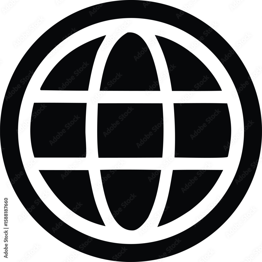Poster a stark black and white graphic icon representing a stylized globe with intersecting lines forming a