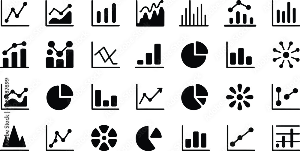 Poster a collection of various black and white graph and chart icons on a light gray background