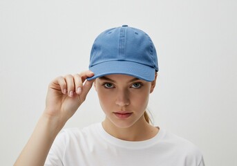 Young woman wearing blue baseball cap adjusting her hat casual portrait on white background