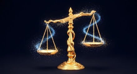Golden Scales of Justice Illuminated by Mystical Blue Light Symbolizing Balance, Fairness, and Cosmic Equilibrium on a Dark Background