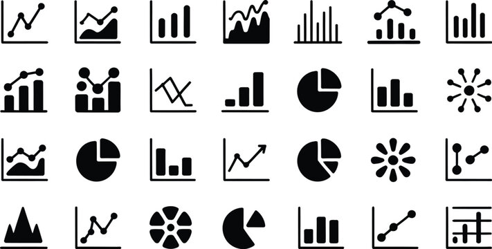A collection of various black and white graph and chart icons on a light gray background