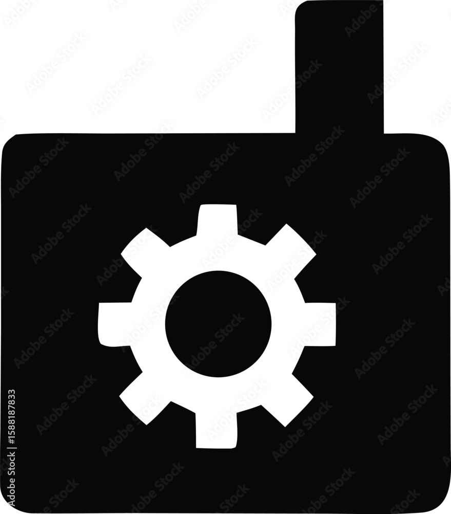Poster a stylized black icon featuring a white gear symbol prominently displayed within a rounded square wi