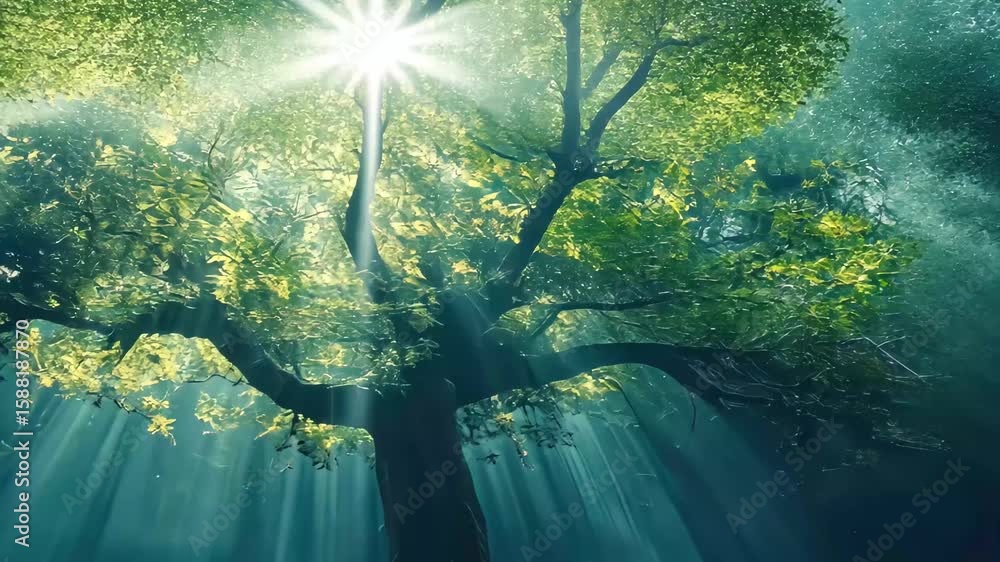 Poster misty dark woods with sunlight filtering through trees creating a serene atmosphere, moving under tr