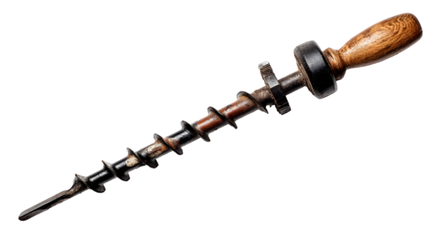 A close up shot of an old fashioned drill with a wooden handle isolated on a black background