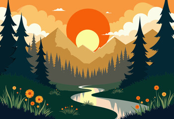 Fototapeta premium Scenic sunset over mountains and river with forest and flowers 