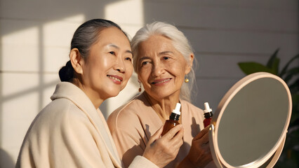 Inclusive Senior Skincare Two joyful women share skincare products in a bright, serene setting.