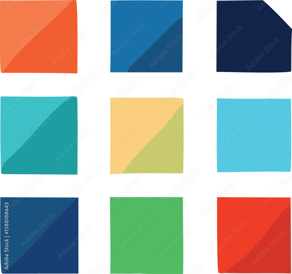 Poster nine colorful squares with diagonal color splits and textured surfaces arranged in a three by three 