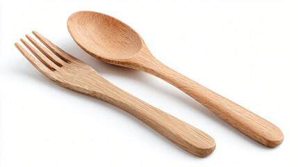 Wooden Culinary Duo: A beautifully crafted wooden fork and spoon lay gracefully, capturing the essence of natural elegance in a still life study.