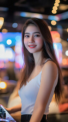 Portrait of a smiling woman with long brown hair wearing a white top at a bar with blurred lights
