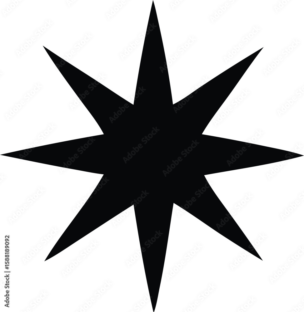 Poster A stark black eight pointed star shape with sharp angular points extending outwards against a clean white background symbolizing energy or a burst