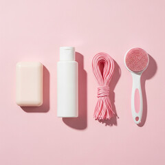 Photo of a set of personal care items including soap, lotion, rope, and brush
