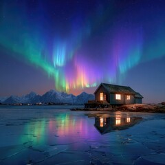 Fototapeta premium Stunning aurora borealis display over a secluded cabin frozen lake night sky iceland nature photography