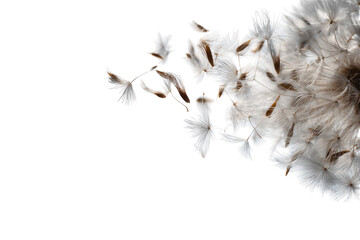 Dandelion seeds floating on white background
