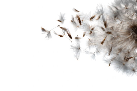 Dandelion seeds floating on white background