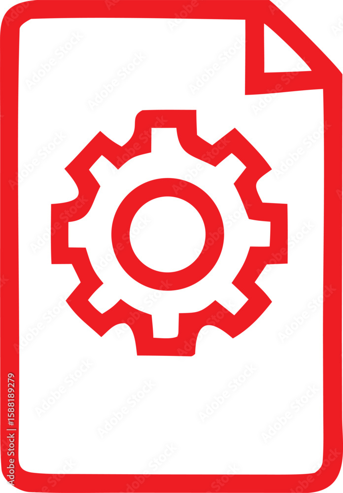 Poster red gear icon centered on a white document page with a thick red border symbolizing settings or conf