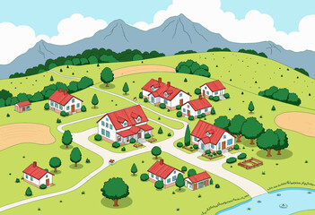 Animated village landscape with houses and mountains in background  