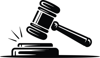 A stylized black and white illustration of a gavel striking a sounding block