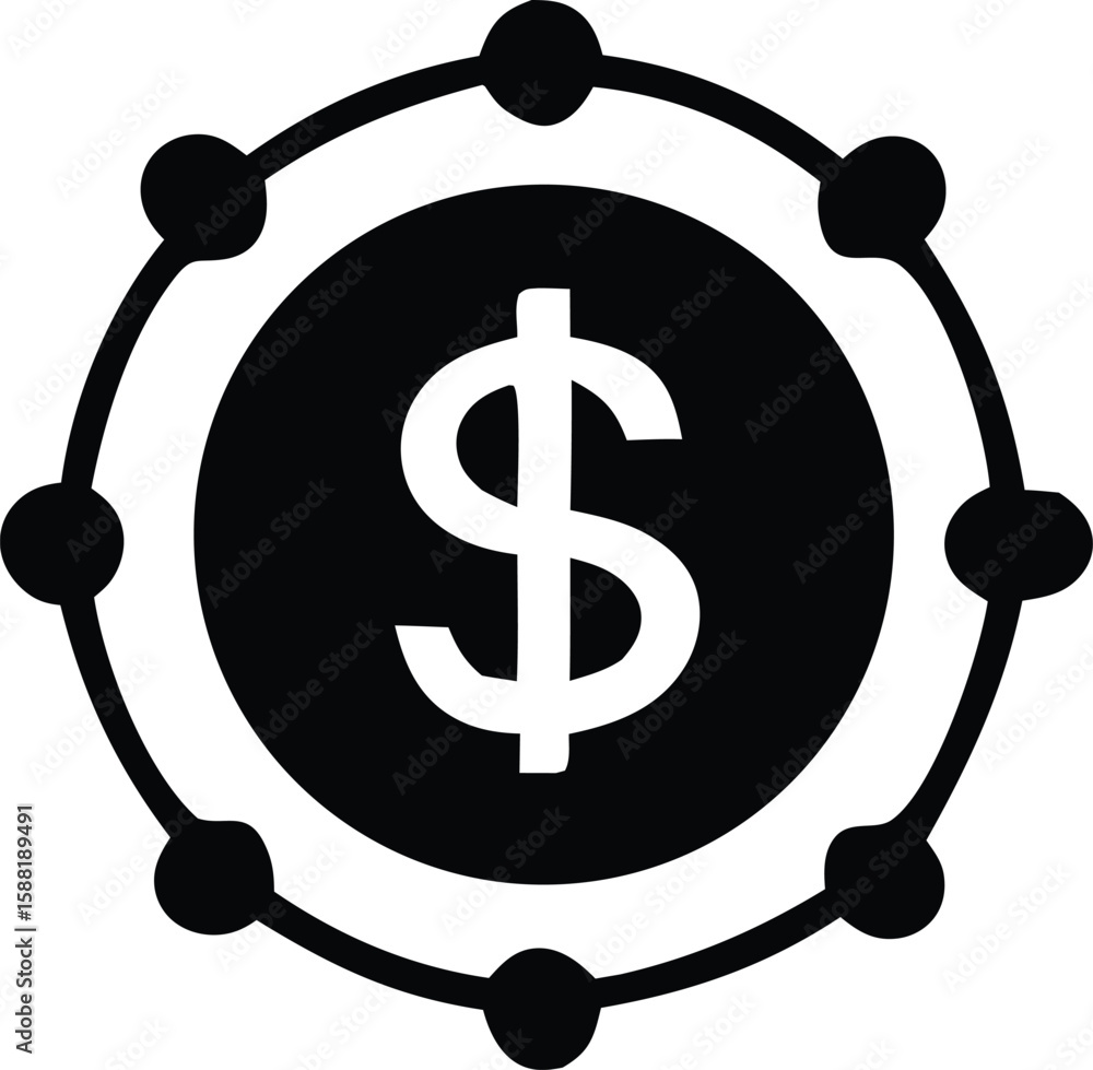 Aufkleber stylized black and white icon depicting a dollar sign enclosed within a circular orbiting network of