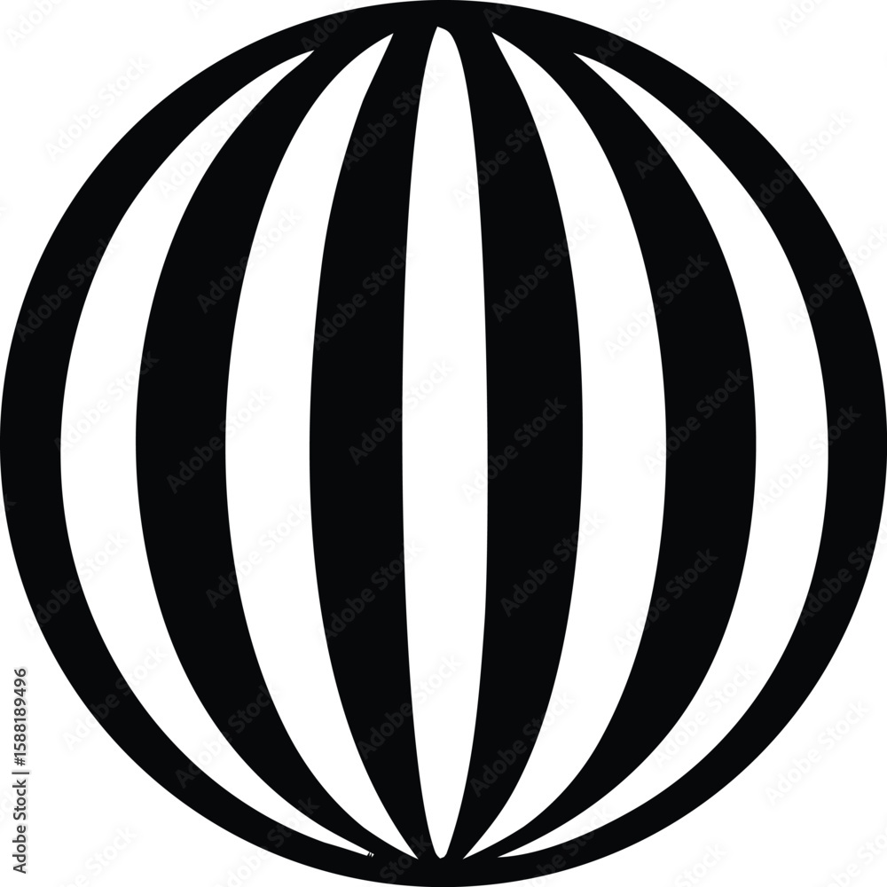 Poster abstract black and white striped sphere with curved vertical lines creating a dynamic and modern vis